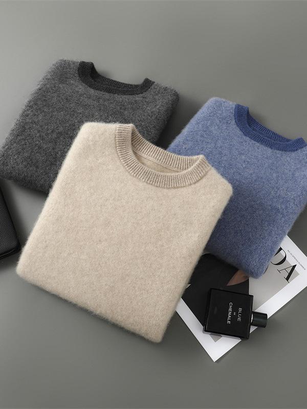 Men's Thickened 100% Pure Wool Color Block Round Neck Sweater - Casual Loose Jacquard Knit Cashmere Top