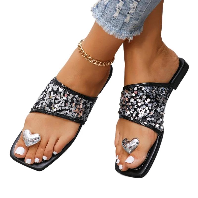 Damenschuhe Zehentrenner Damen Hausschuhe Sommer Freizeit Hausschuhe Damen Bling Eckige Zehenpartie Flach mit Outdoor Übergröße Schuhe Damen