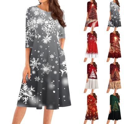 Lässiges, modisches Midikleid mit Rundhalsausschnitt, Dreiviertelärmeln und Print für Damen