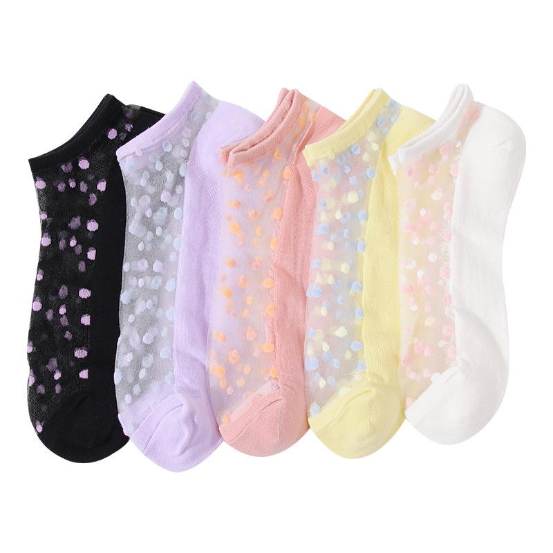 Women's Summer Thin Transparent Polka Dot Crystal Silk Shallow Mouth Invisible Short Boat Socks