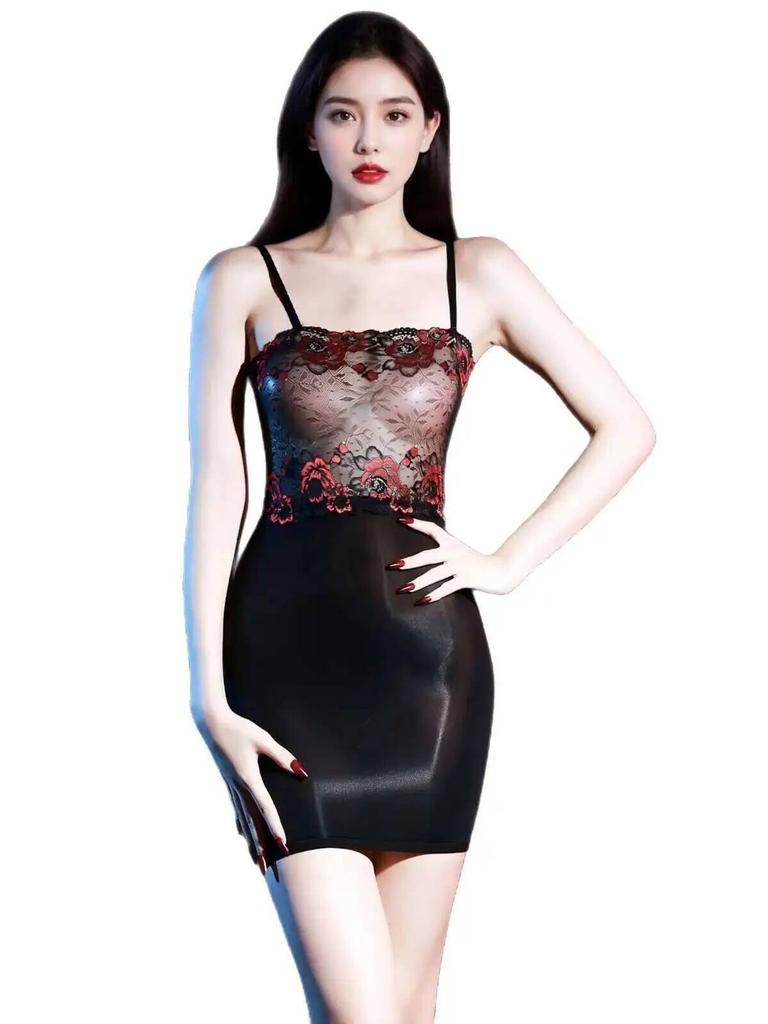 Lace Patchwork Strapless Bodycon Nightdress Sexy Ultra-thin Glossy Silky Mirror Sheer Stepmother Dress Elegant For Women 8PWH