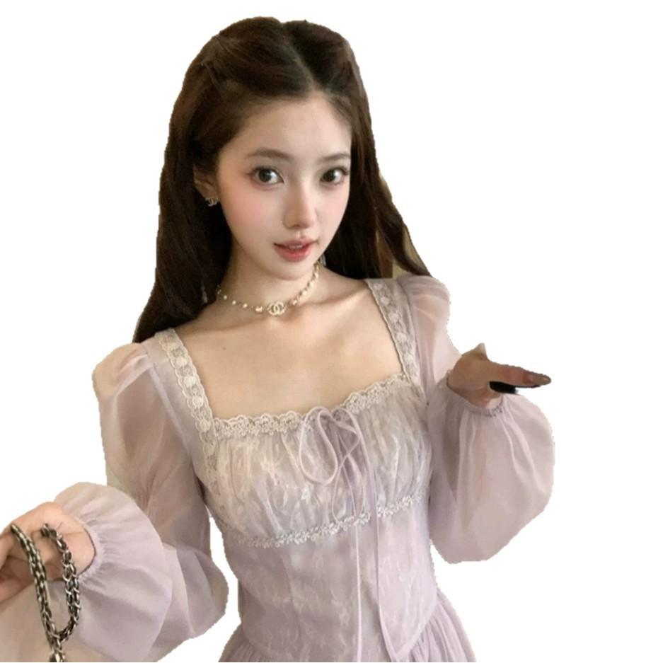Square neck long sleeve purple long dress women's summer French retro daughter style temperament waist skirt