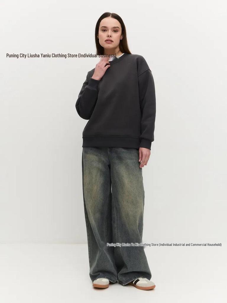 Autumn/Winter Oversized Round Neck Pullover: American Casual Style, Versatile, Comfortable, Solid Color