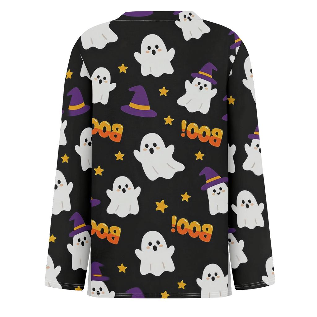 Women's Fashion Long Sleeve Top Halloween Print Round Neck Pullover Shirt with Split Hem Casual Wear for Autumn and Winter