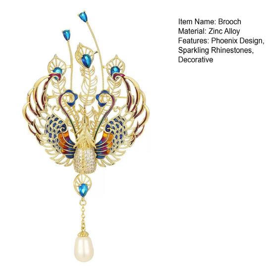 Women Brooch Sparkling Rhinestones Faux Pearl Phoenix Shape Lapel Pin Suits Coats Bags Scarves Badge Versatile Accessory