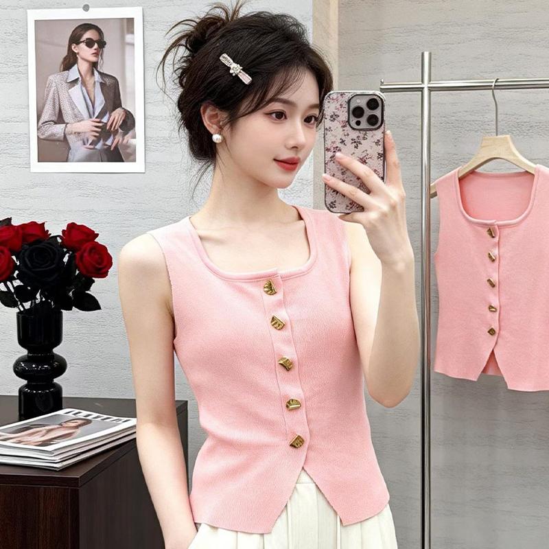 French Retro U-Neck Single-Breasted Sleeveless Slim Vest Solid Color Knitted Vest For Women