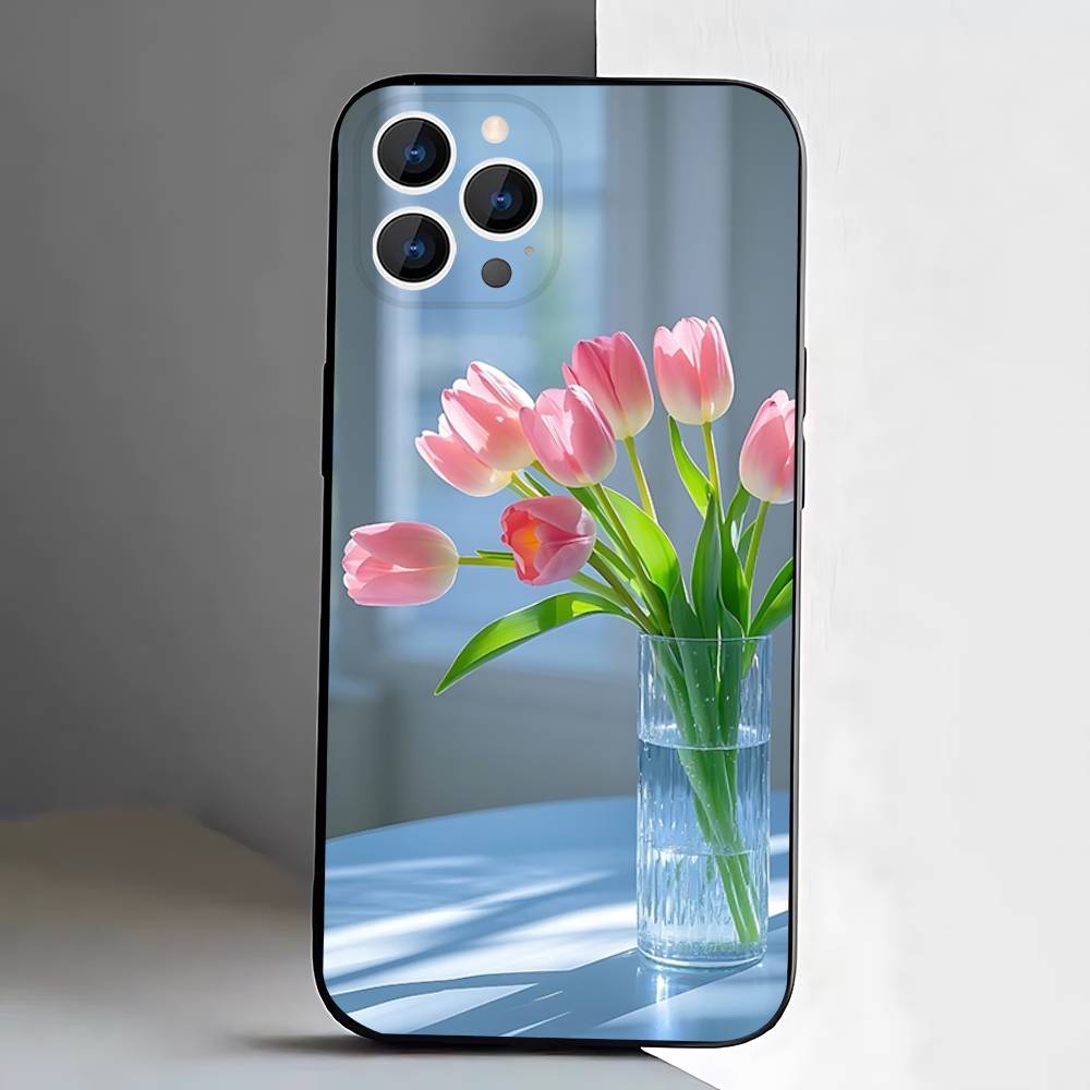 Tulip flower Phone Case For iPhone 17,16,15,14,13,12,Pro,Max,Plus,E,SE4,Air,Mini Black Soft Box