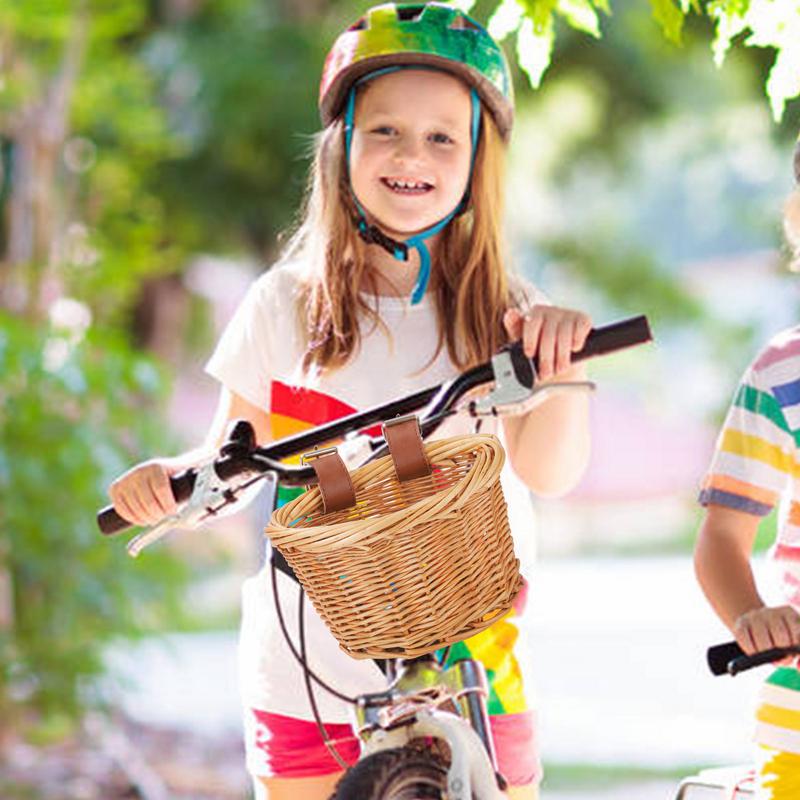 Cesto per Bicicletta per Bambini Bici Scooter Cesti con 2 Cinghie in Pelle Regolabili Staccabile in Vimini a Forma di D Impermeabile Durevole Mano