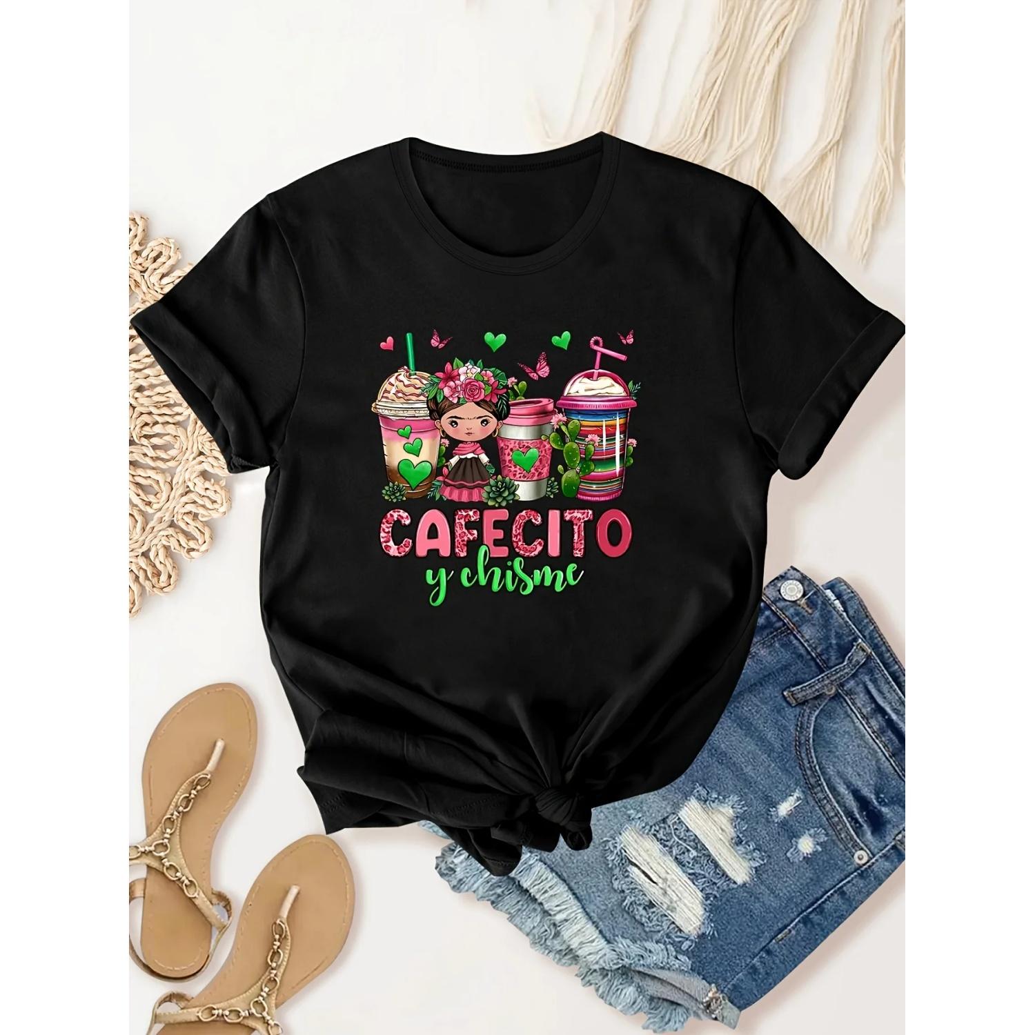 

Coffee Girl Print T-Shirt, Crew Neck Short Sleeve T-Shirt, Casual Sport Tops, Women s Clothing XXXXXL чорний