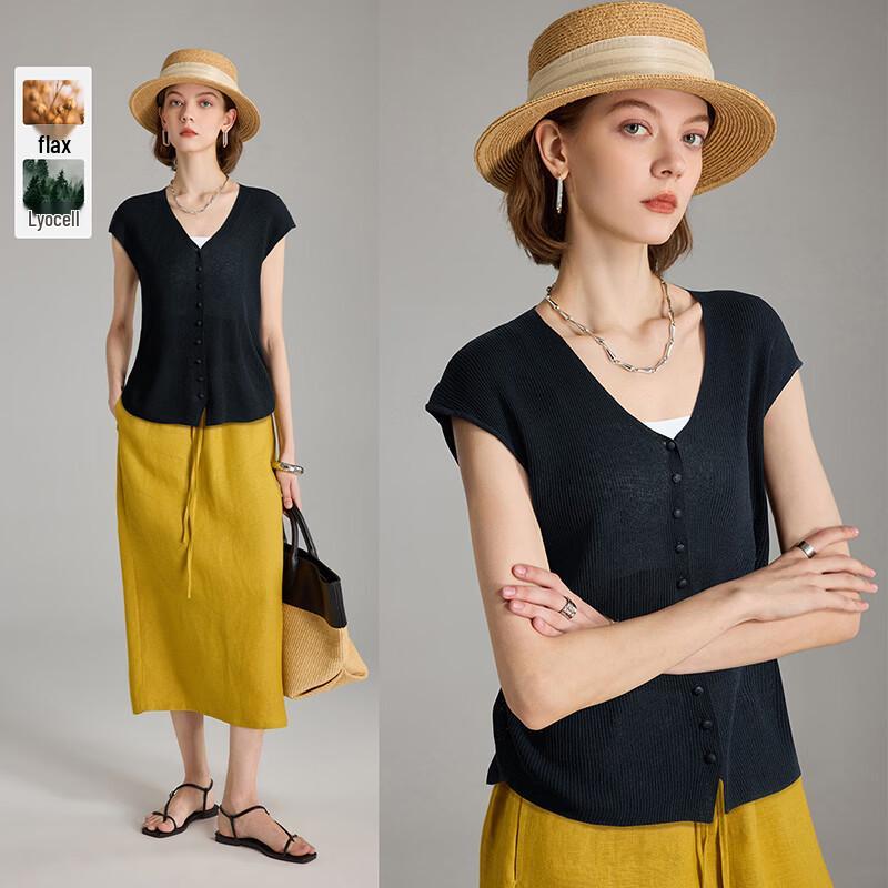 Wudao Women s V-Neck Tencel Linen Blend Knit T-shirt M