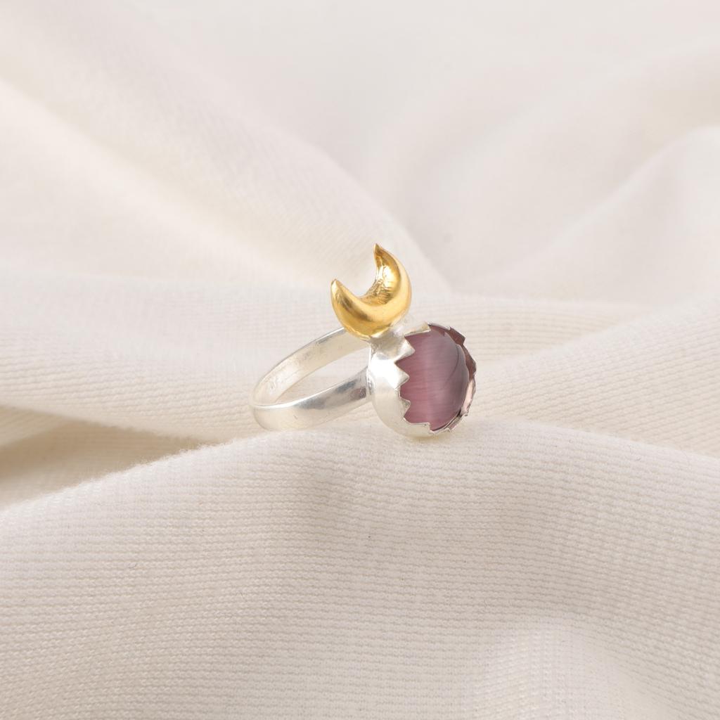 Purple Cat's Eye Stone Engagement Gift Ethnic Eternity Ring 925 Sterling Silver RR-58-49