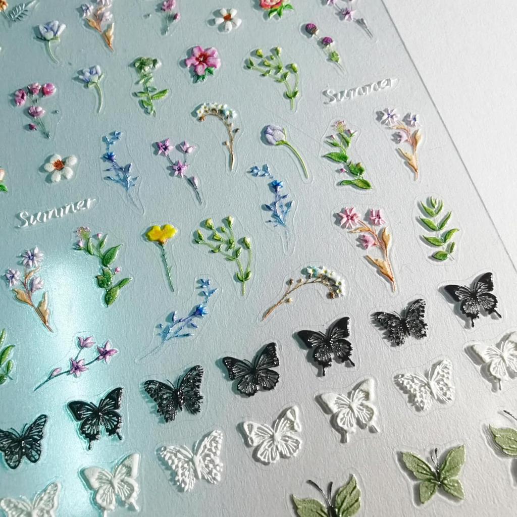 Flower Nail Stickers for Nail Art Decals Charms,5D Embossed Floral Butterfly and Heart Gem, Self-Adhesive 5 Styles Craft Nail Supplies 2 Sheets with