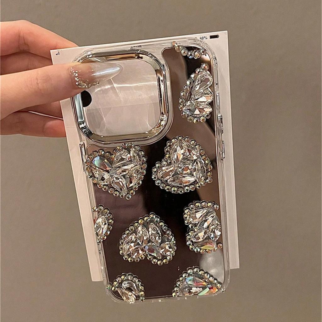 Mirror Love Phone Case For iPhone 16 15 14 13 12 11 Pro Max Fashion Rhinestone Phone Case