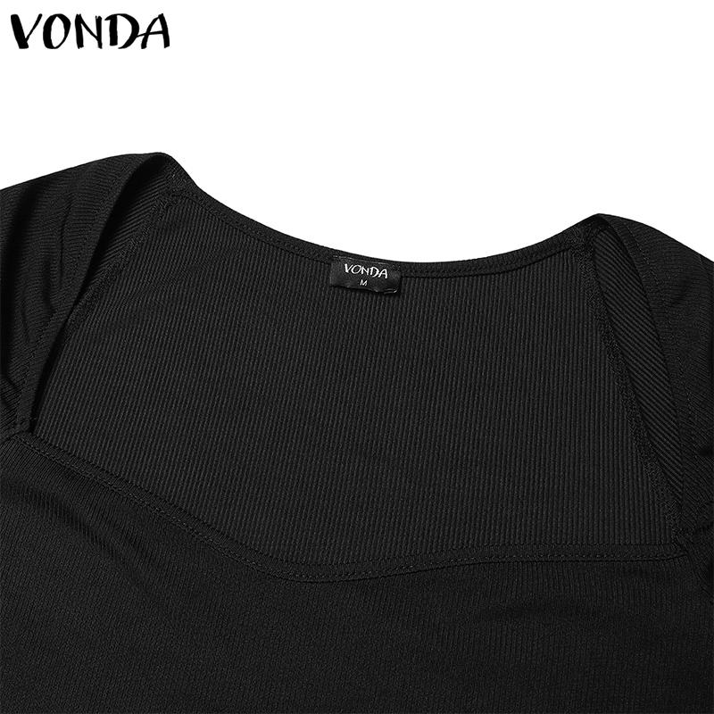 VONDA Women U-Neck Long Sleeve Solid Color Rib Tight Bodycon Dresses