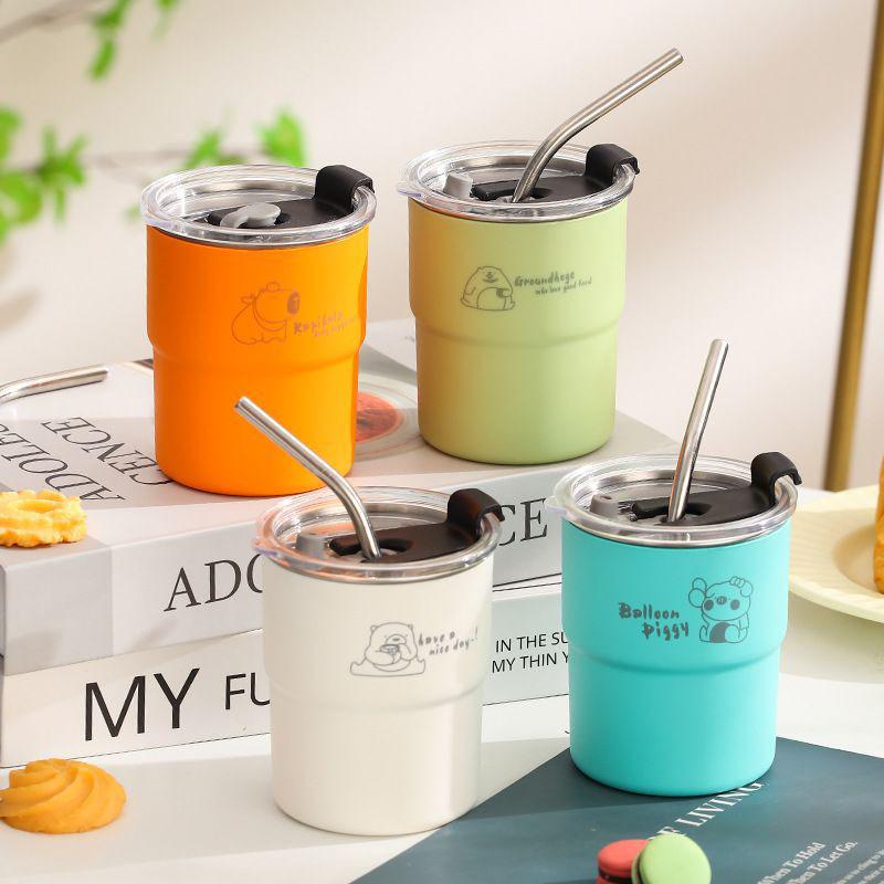 300ml Drinking Cup With Straw Portable Stainless Steel Coffee Cups Mug With Lid Heat Resistant Tea Cup Tumbler Travel Mug
