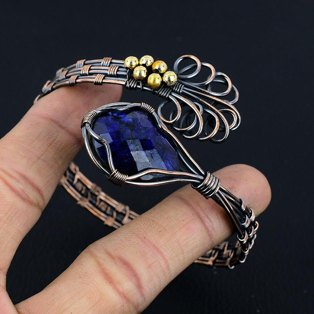 Blue Sapphire Bangle, Handmade Gemstone Bangle, 999 Copper Wire Wrapped Antique Jewelry, For Engagement Gift