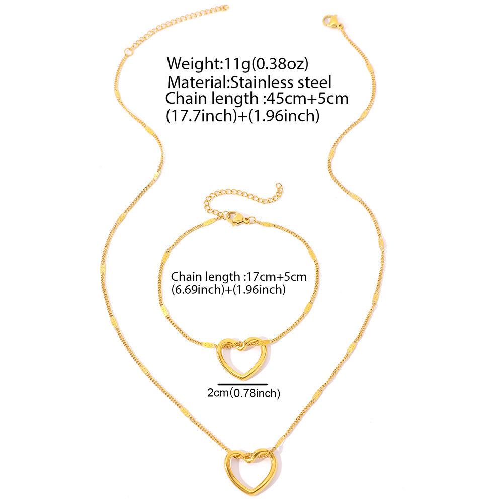 Stainless Steel Hollow Heart Necklace & Bracelet Set - Women's Japanese Korean Simple Design Clavicle Chain