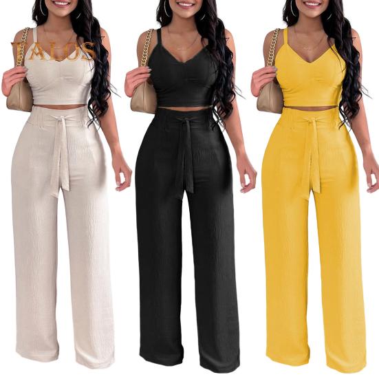Zweiteiliges Outfit für Damen, V-Ausschnitt, ärmelloses Trägertop, bauchfreies Oberteil mit weitem Bein, Hose, lässige Sommer-Loungekleidung für den Strandurlaub