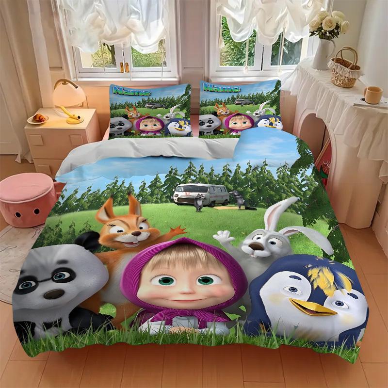 Custom Name Happy Cartoon Animal Friends Print 3Pcs Bedding Set Duvet Cover With 2 Bedro Pillowcase Home Birthday Gift