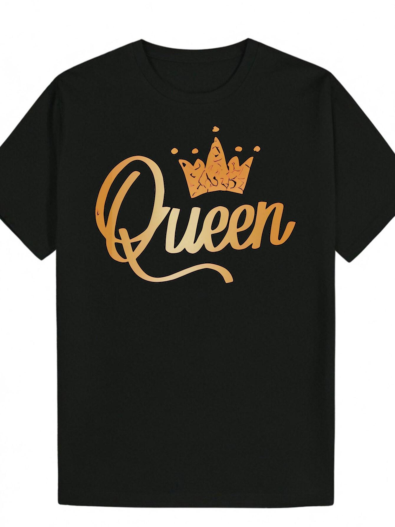 Short Sleeve T-shirt - Black with Golden Queen Script & Crown Graphic S