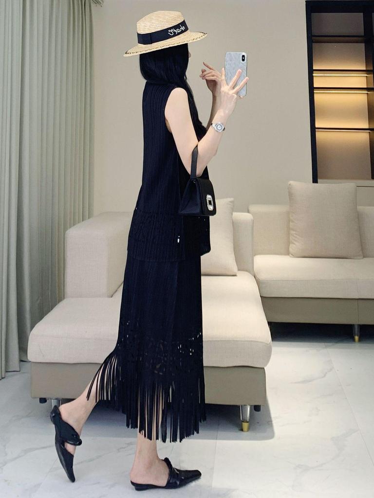 2025 Spring/Summer Women's Pleated Tassel Tank Top & Midi Skirt Two-Piece Set