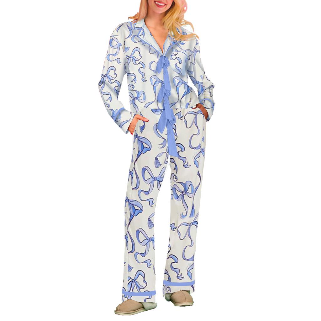 Women's Long-Sleeve Home Wear Digital-Printed Pajamas Set