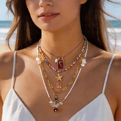 5 PCS Collier Bohème Empilé pour Femmes Métal Émail Poisson Étoile de Mer Gravier Irrégulier Perles Chaîne de Clavicule Bijoux de Fête Cadeaux