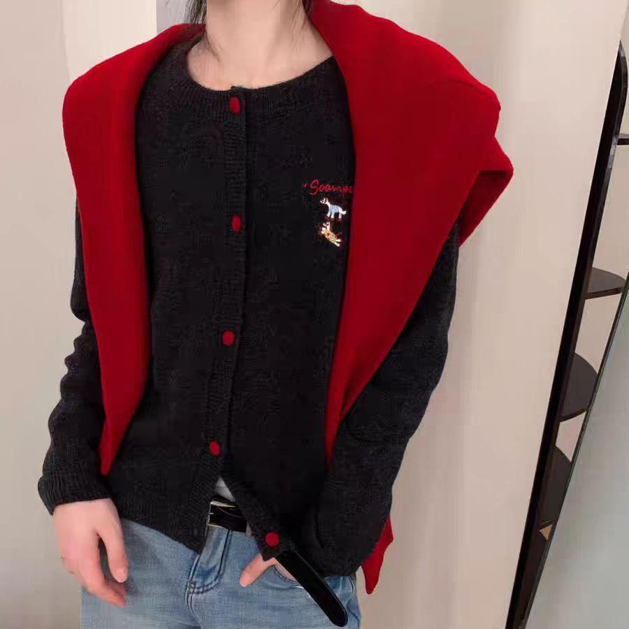 Plus Size Women's New Year Round Neck Knit Cardigan with Little Horse Embroidery – Autumn/Winter Long Sleeve Top