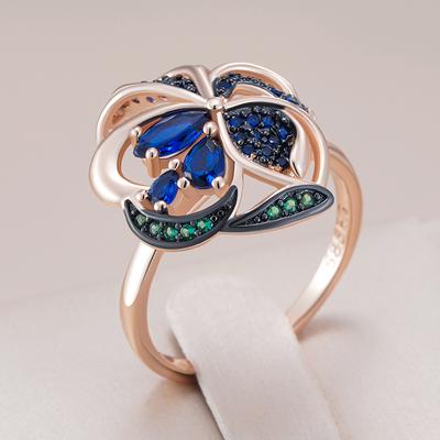 Shiny Blue Natural Zircon Flowers Rings For Women Fashion  Rose Gold And Black Plating Vintage Daily Fine Jewelry