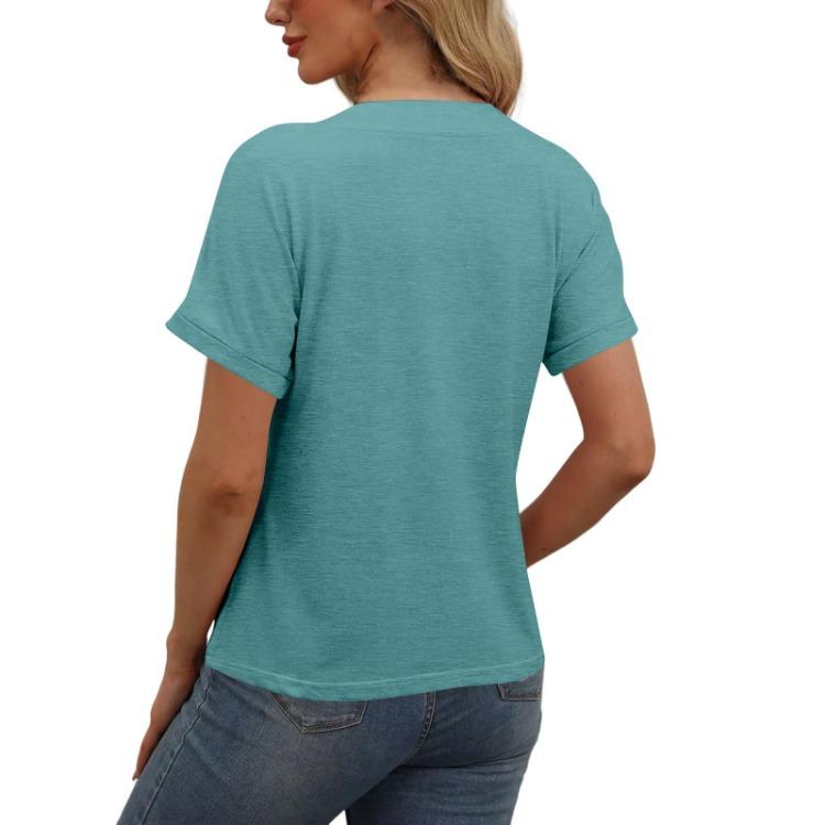 Women Fashion Short Sleeve V Neck Solid Button Down Casual T Shirt
