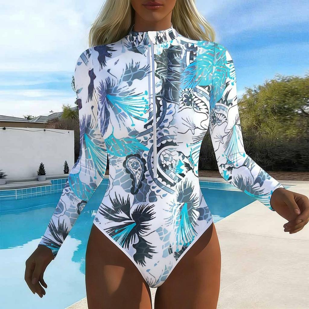 Women Long Sleeve One Piece Swimsuit Zip Front Ink and Wash Flowers Print Rash Guard Surfing Bathing Suit