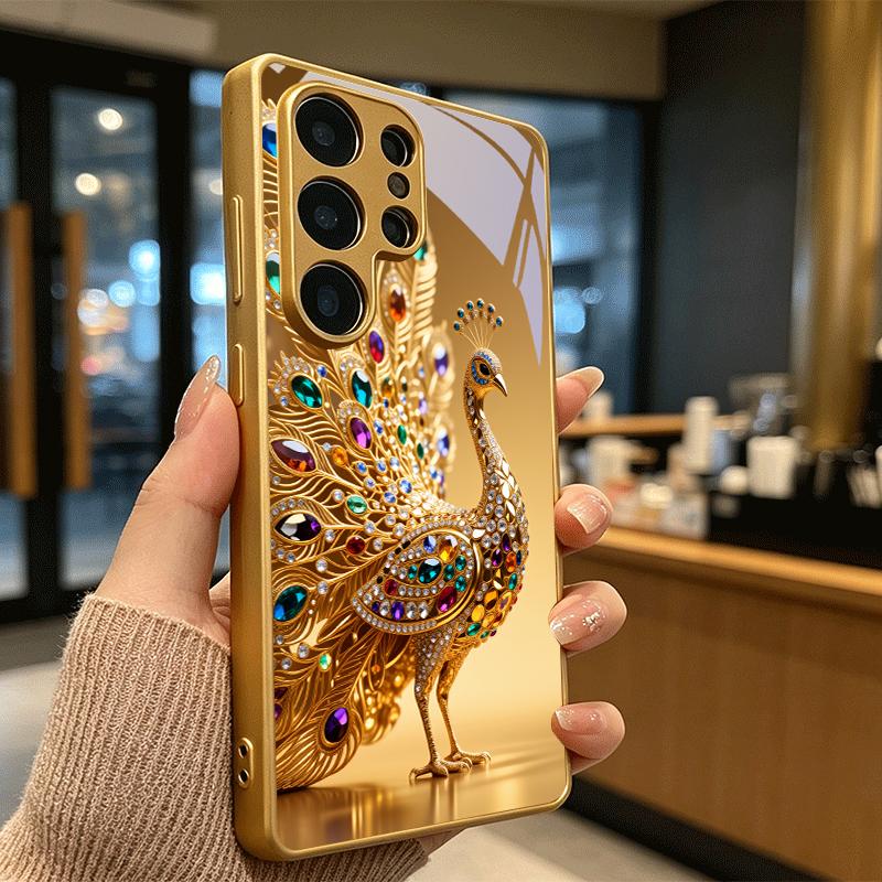 Jeweled Peacock Electroplated Golden Phone Case For Samsung Galaxy S25 S24 S26 S23 S22 S21 S20 Ultra Plus FE S26+ 5G Glass Cover