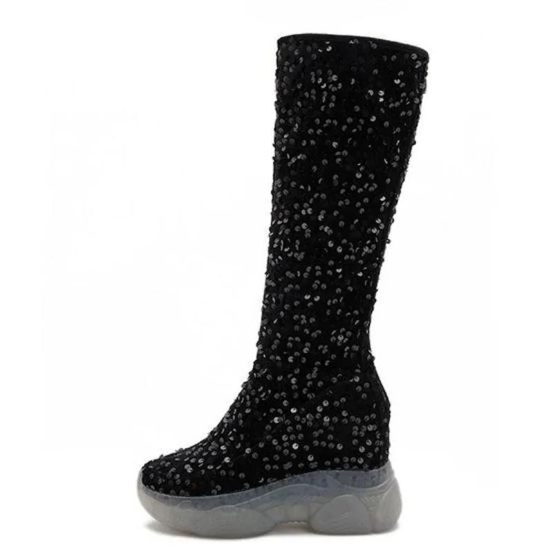 

2025 New 8cm Fashion Sequin Knee High Boots Women Glitter Bling Shiny Trend High Heels Side Zip Platform Boots Goth Shoes 34