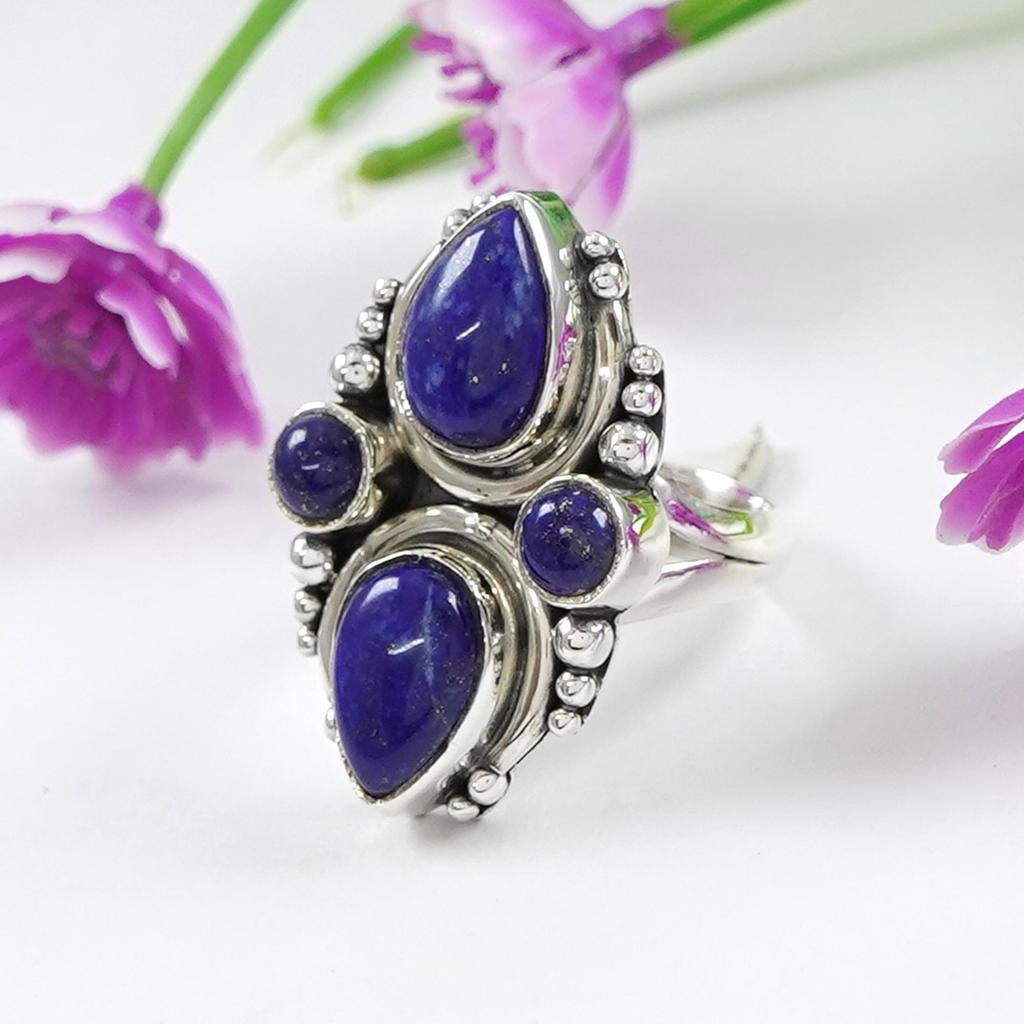 Genuine Lapis Ring, Handmade Ring, 925 Sterling Silver Ring, Teardrop Round Lapis Lazuli Ring, Taurus Birthstone, Gift for Her