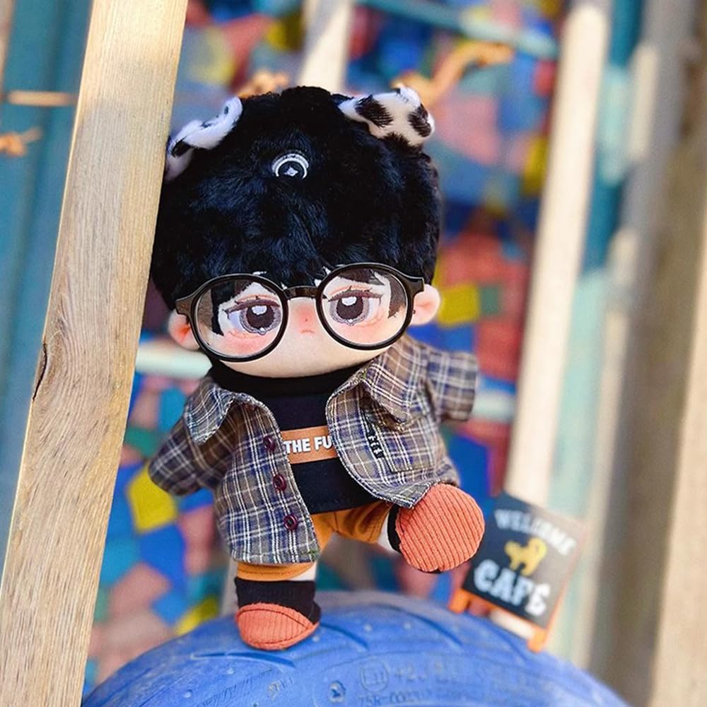 Niannyyhouse 20cm Plush Clothes Mori Dress Set Checkered Tops T-shirt Shorts Glasses Shoes Dress Up Cotton Doll Clothes (20cm)