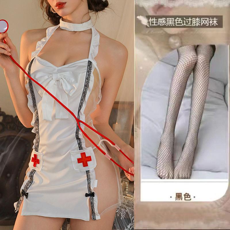 Lingerie Suspender Lace Perspective Nurse Hot Sexy Passion Bed Bow Uniform Cover