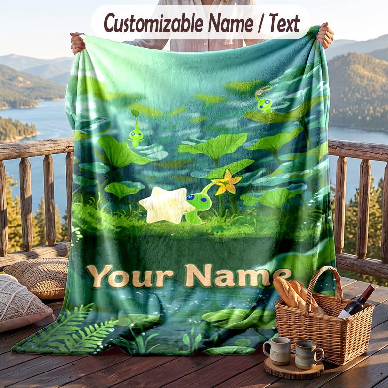 Custom Text Flannel Throw Blanket, Lightweight Cozy Bed Sofa BlanketPikmin