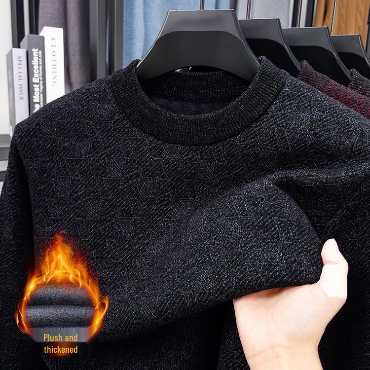 Мужской утолщенный жаккардовый вязаный свитер - Плюшевый, Теплый, Однотонный, Бархатная основа 2XL
