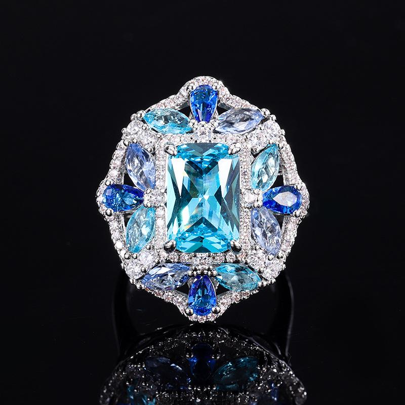 Jewelry Copper Bottom Gold-Plated Simulation Topa Blue Ring Necklace Set Creative Full Diamond Luxury Set Main 8 * 12