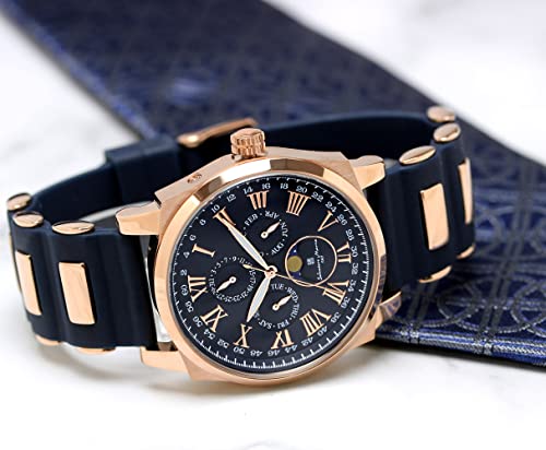 Salvatore Marra Men's Moon Phase Multi-Calendar Watch, 5 ATM Water Resistant, Business Formal Wear, Rubber Strap, Limited Edition, Blue and Pink Gold,