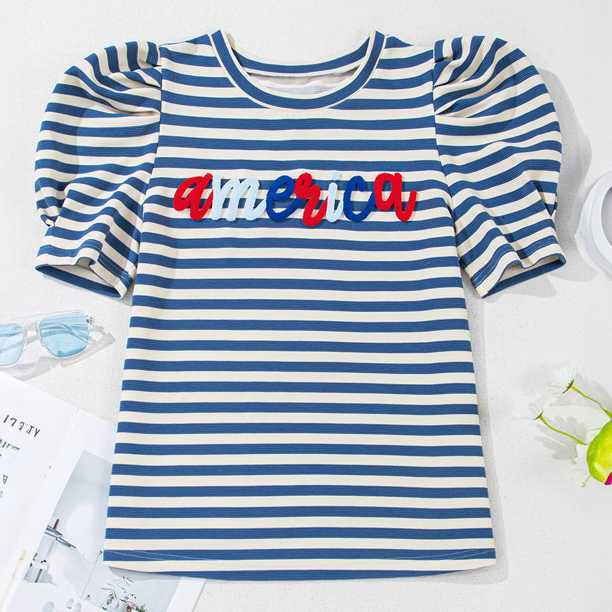 

Shiying Women s European & American Stripe Print Bubble Sleeve Pullover 2XL