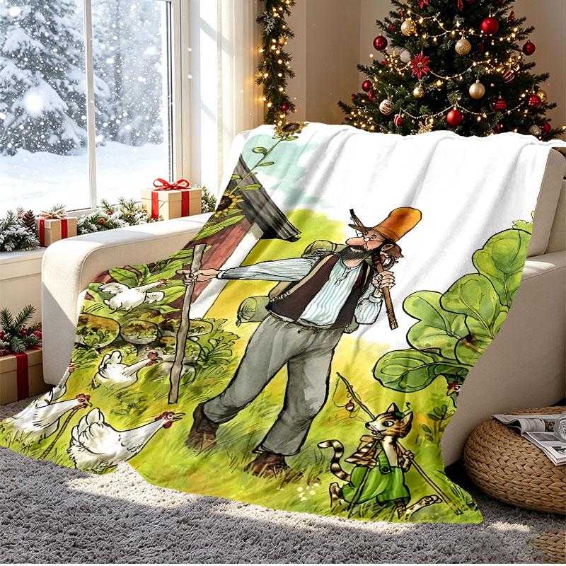 Pettersson und Findus Pattern Blanket for Home Decoration, Bed, Sofa, Car Travel, Camping, Suitable for All Seasons, Birthday Christmas Gift