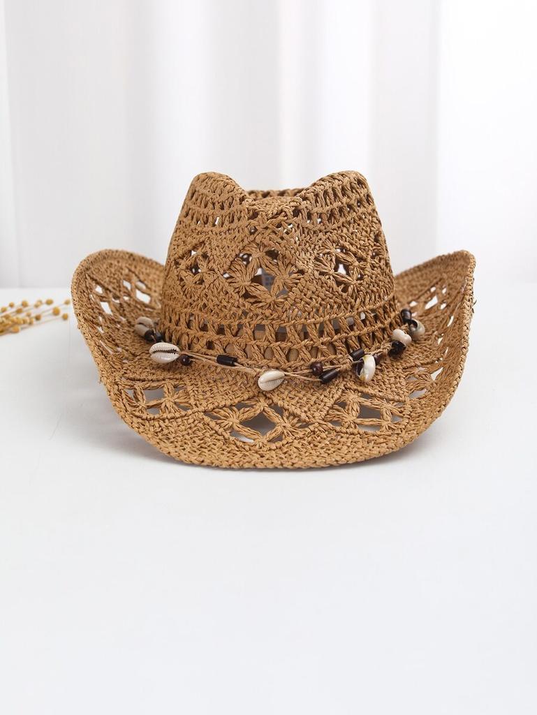 Boho Women Straw Cowboy Hat With Shell Decor Hollow Out Sun Hat