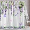 Purple Butterfly Lavender Shower Curtain, Rustic Spring Botanical Lilac Floral Decor with Hooks