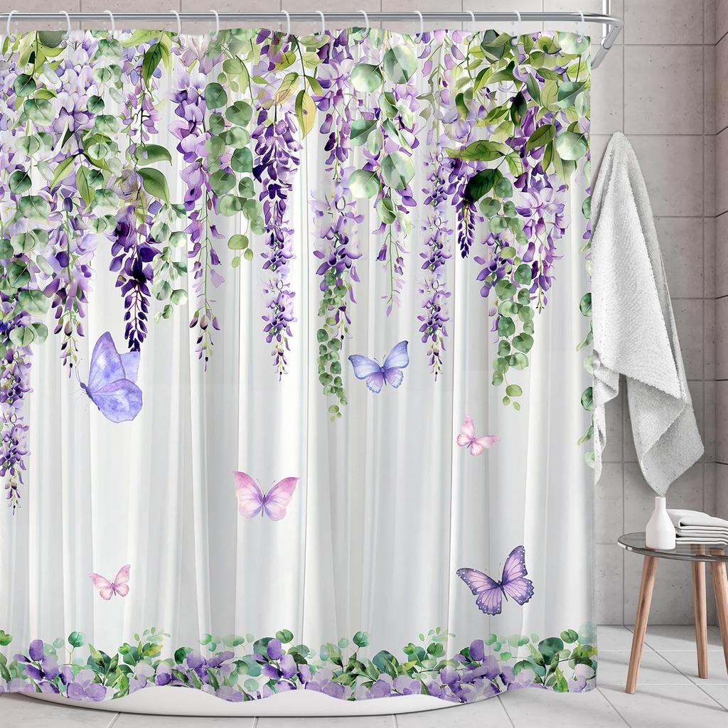 Purple Butterfly Lavender Shower Curtain, Rustic Spring Botanical Lilac Floral Decor with Hooks