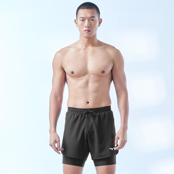 Mizuno Einfarbige Doppellagen-Badeshorts Herren Bademode Schwarz N2CB3122