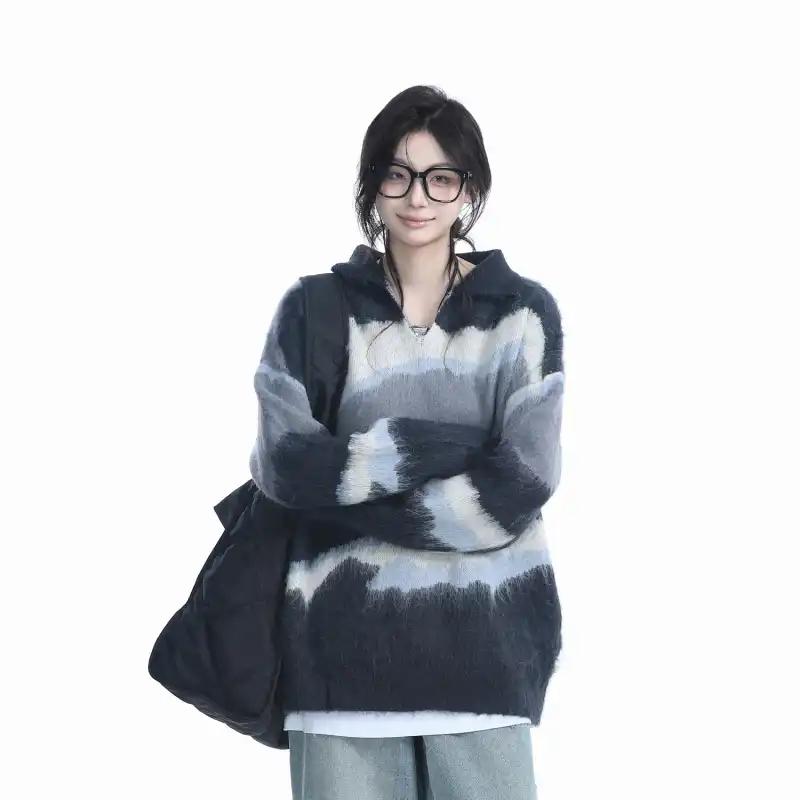 

Осень Зима Новый Ленивый Стиль Искусственный Мех Цветовой Блок Полосатый Свитер Унисекс Повседневный Отложной Вязаный Топ Модный L чёрный