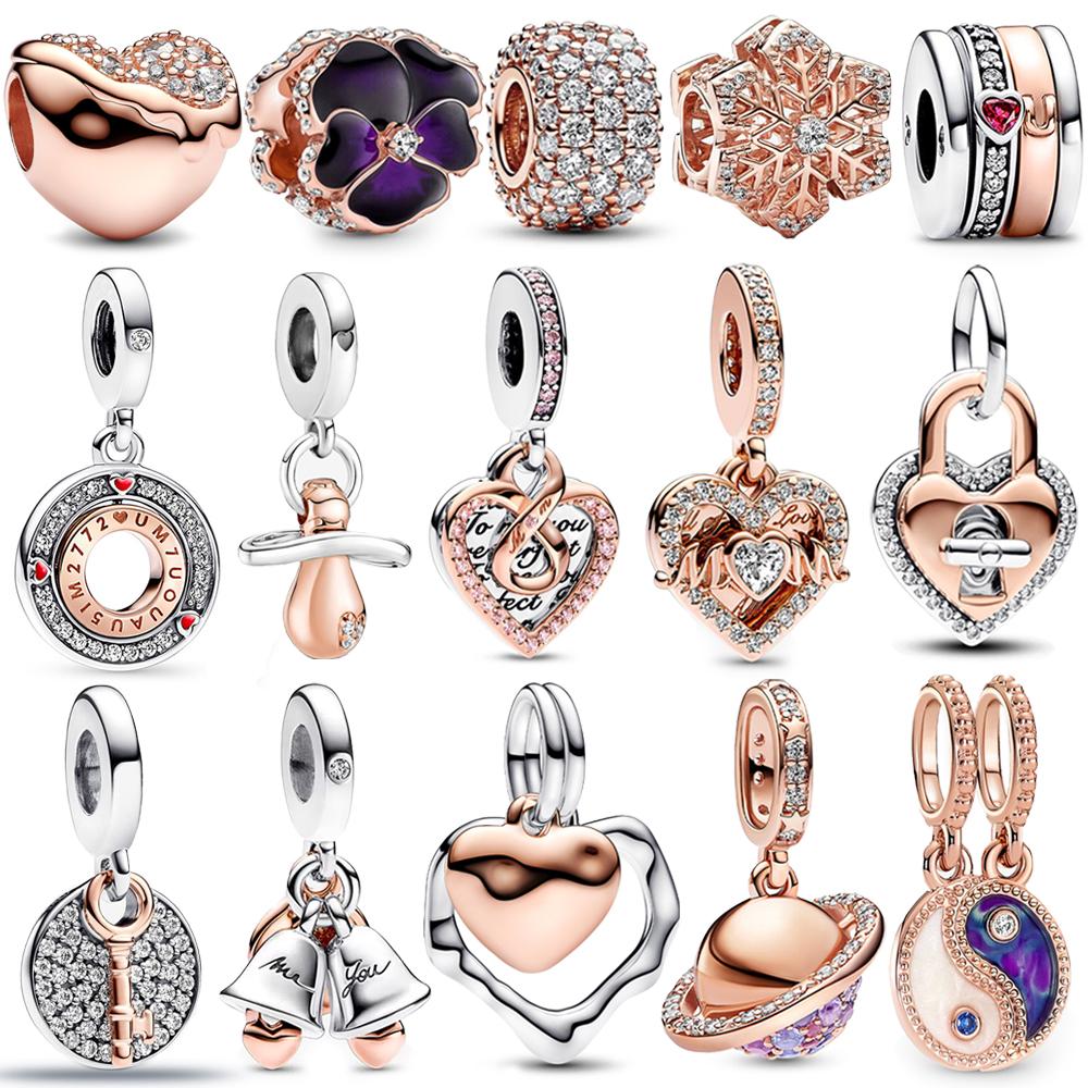 Roségold Kupfer Pave Schlüssel Glücksbringer Passend für Original Armband Unendlichkeit Mama Herz Anhänger Für Mädchen Feiner Schmuck Geschenk