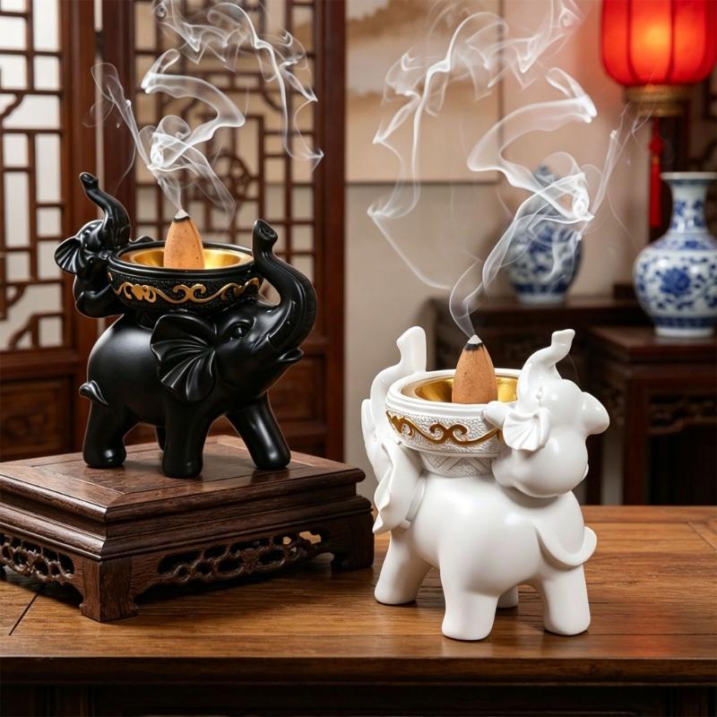 Decorative Mother and Baby Elephant Incenses Holder Resin Cone Burners White Finish with Gold Bowl for Meditations Room Table and Shelf Display
