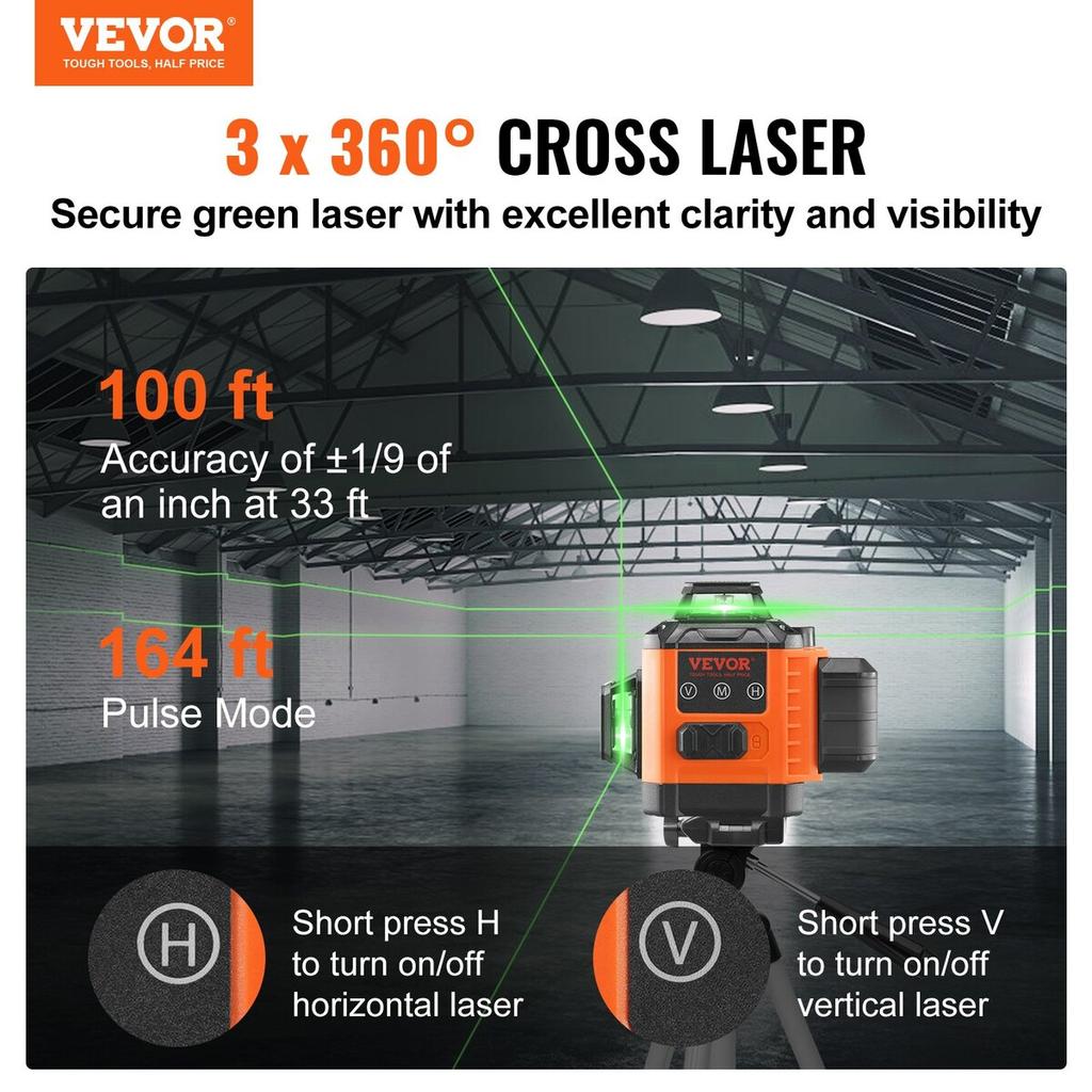 Laser Level 100ft Green Cross Line Self Leveling High Accuracy Measuring